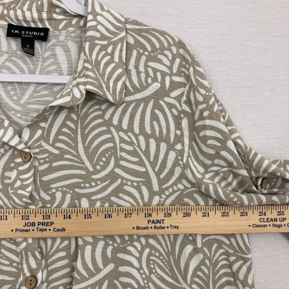 I.N. Studio Tan White Leaves Print Ultra Soft Rayon Tie Front Relaxed Top 1X - Picture 6 of 10